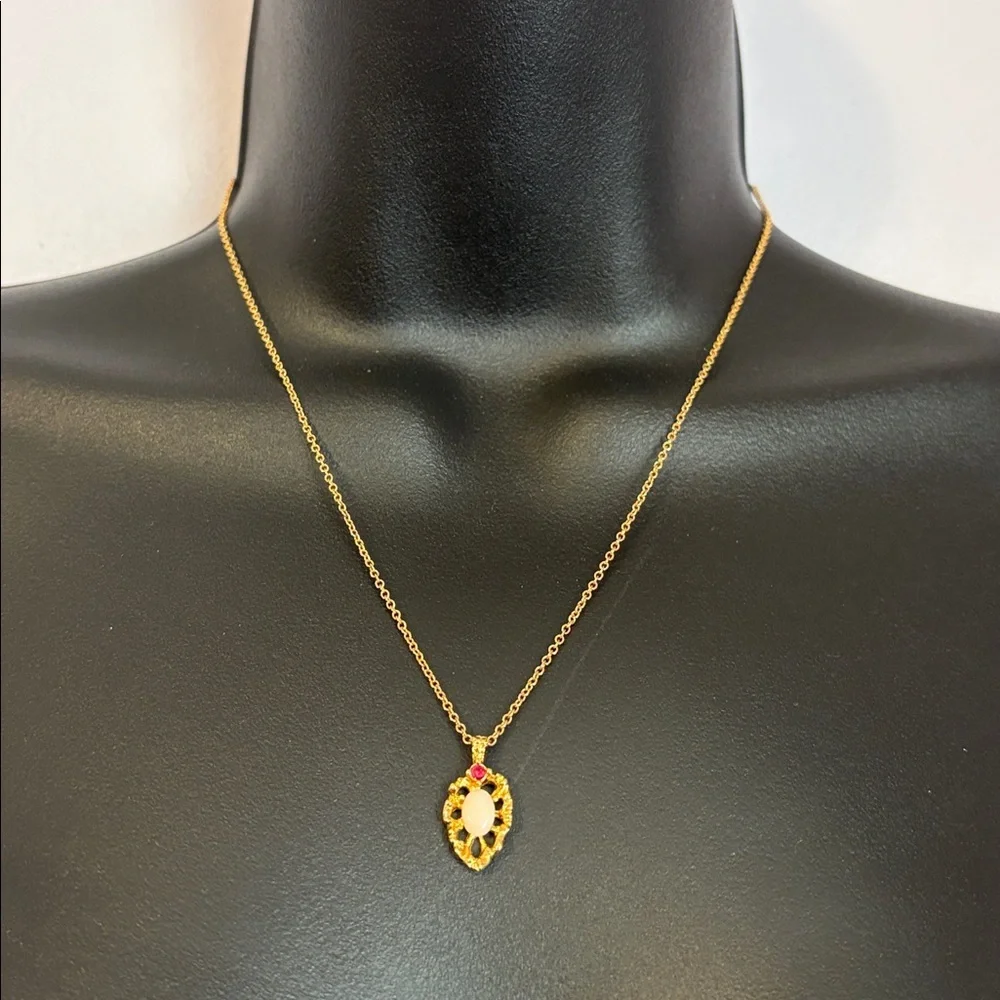 Gold Color Metal Pendant and Thin Chain Necklace Faux Opal and Ruby Pendant